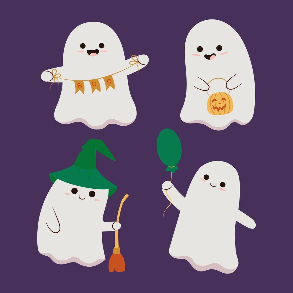 conjunto de halloween de lindos fantasmas divertidos. personajes infantiles espeluznantes para niños con diferentes emociones, sombreros y expresiones faciales vector