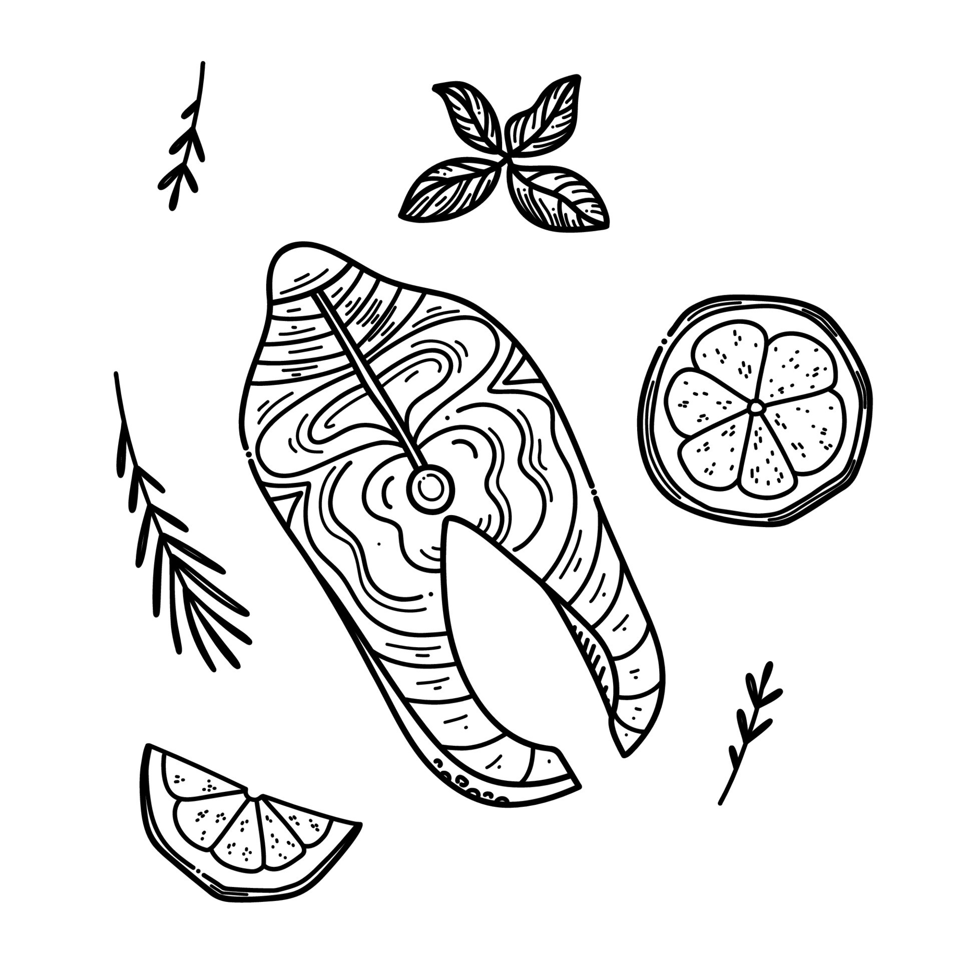 Hand drawn vector sketch of fresh salmon steak with rosemary, lemon and