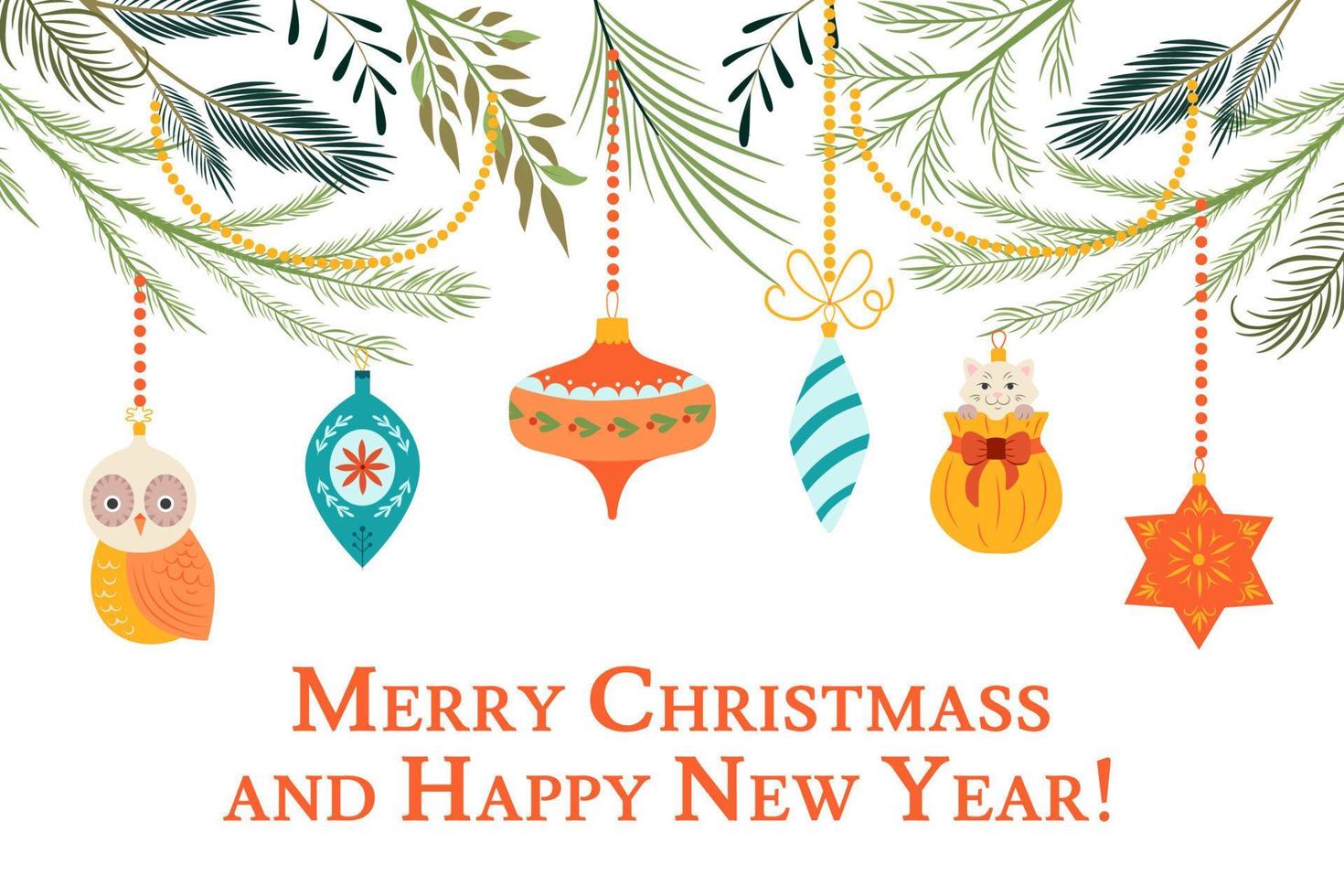 Christmas background with decorative toys. Christmas tree branches and ornaments hanging down elegantly vector