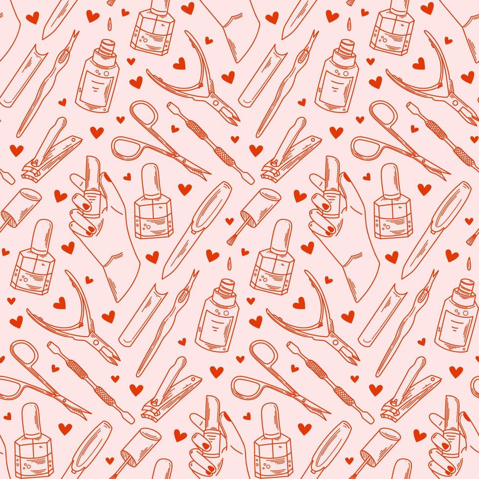 Manicure tools vector seamless pattern for nail studio or spa salon. Beauty routine background