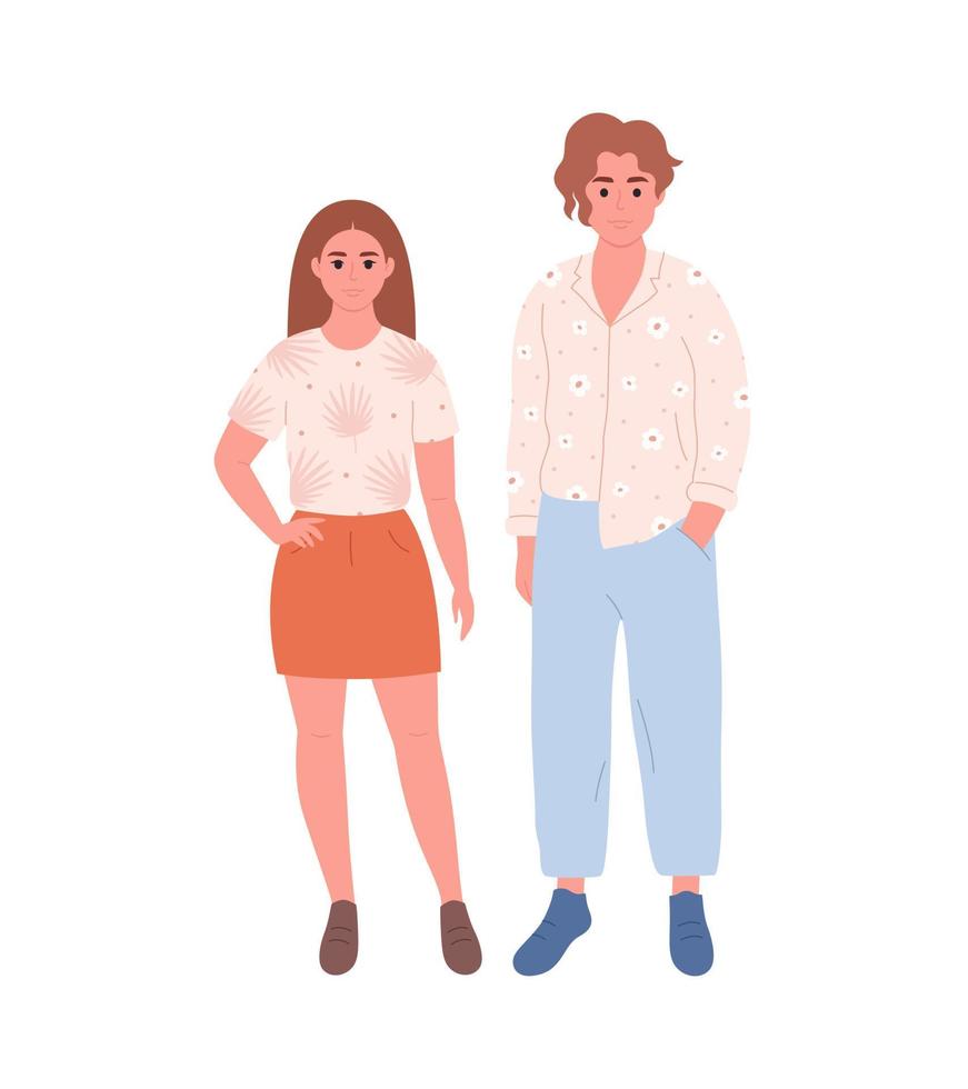 Modern young couple of caucasian woman and man in casual outfit. Stylish fashionable look vector