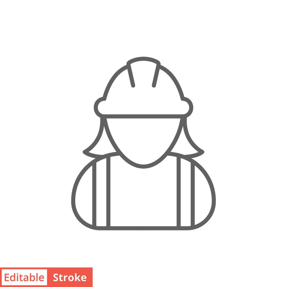 icono de trabajador de la construcción femenina. mano de obra, constructor, empleado, concepto de casco. estilo de esquema simple. ilustración de diseño vectorial de línea delgada aislada sobre fondo blanco. trazo editable eps 10. vector