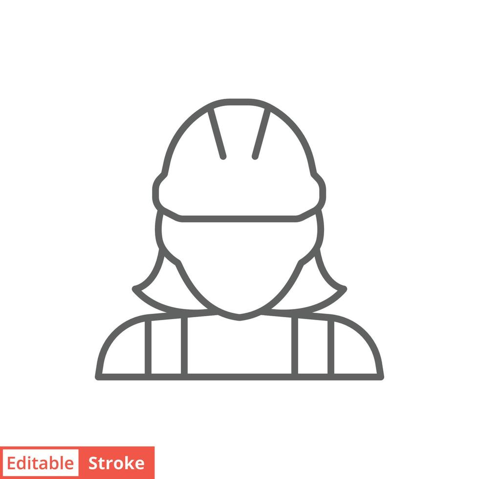 icono de trabajador de la construcción femenina. mano de obra, constructor, empleado, concepto de casco. estilo de esquema simple. ilustración de diseño vectorial de línea delgada aislada sobre fondo blanco. trazo editable eps 10. vector