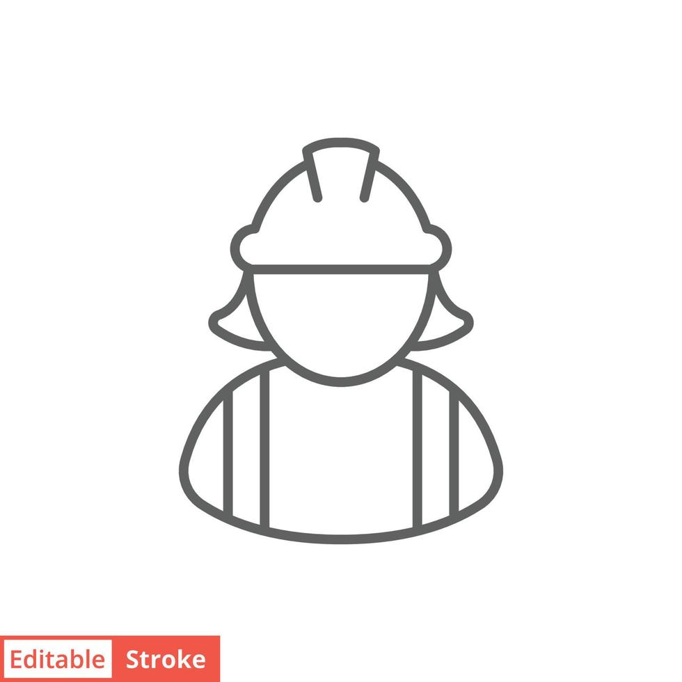 Female construction worker icon. Labor, builder, employee, hardhat concept. Simple outline style. Thin line vector design illustration isolated on white background. Editable stroke EPS 10.