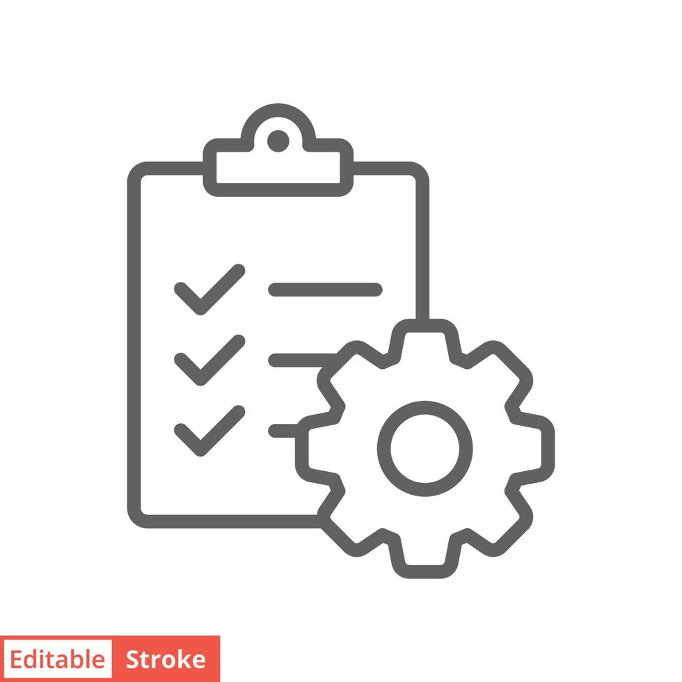 Clipboard with gear icon. Simple outline style. Project order, work, setting, technical support check list concept. Line vector illustration isolated on white background. Editable stroke EPS 10.