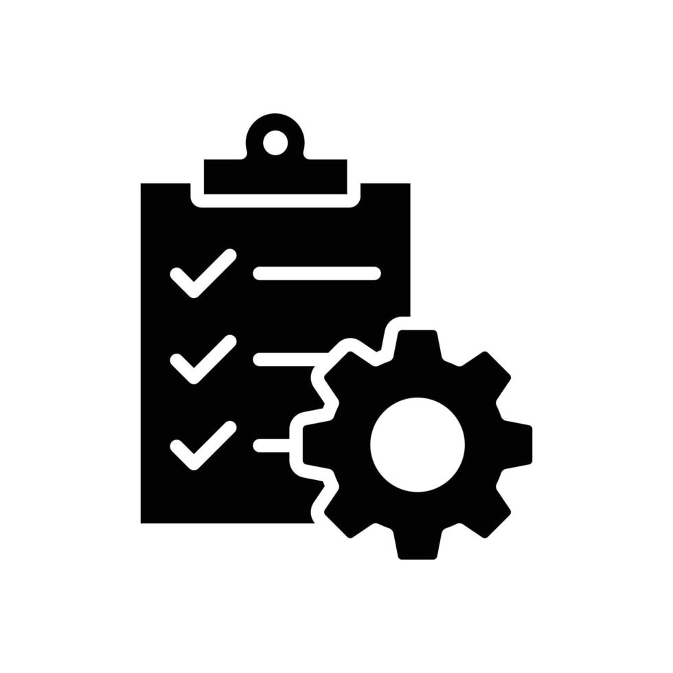 portapapeles con icono de engranaje. estilo sólido simple. orden del proyecto, trabajo, configuración, lista de verificación de soporte técnico, concepto de gestión. ilustración de vector de glifo aislado sobre fondo blanco. eps 10.