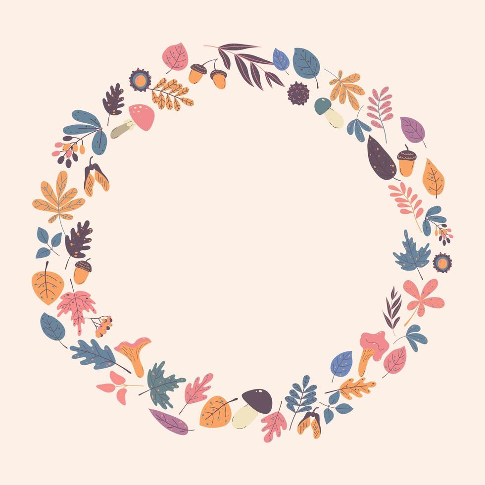 Elegant round frame, wreath or border made of colorful fallen oak leaves, acorns, maple, mushrooms, berries and other simple leaves. vector