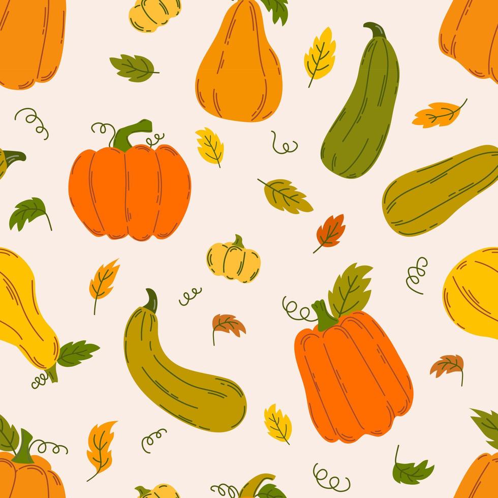 Seamless pattern of colorful pumpkins and leaves in flat style. vector