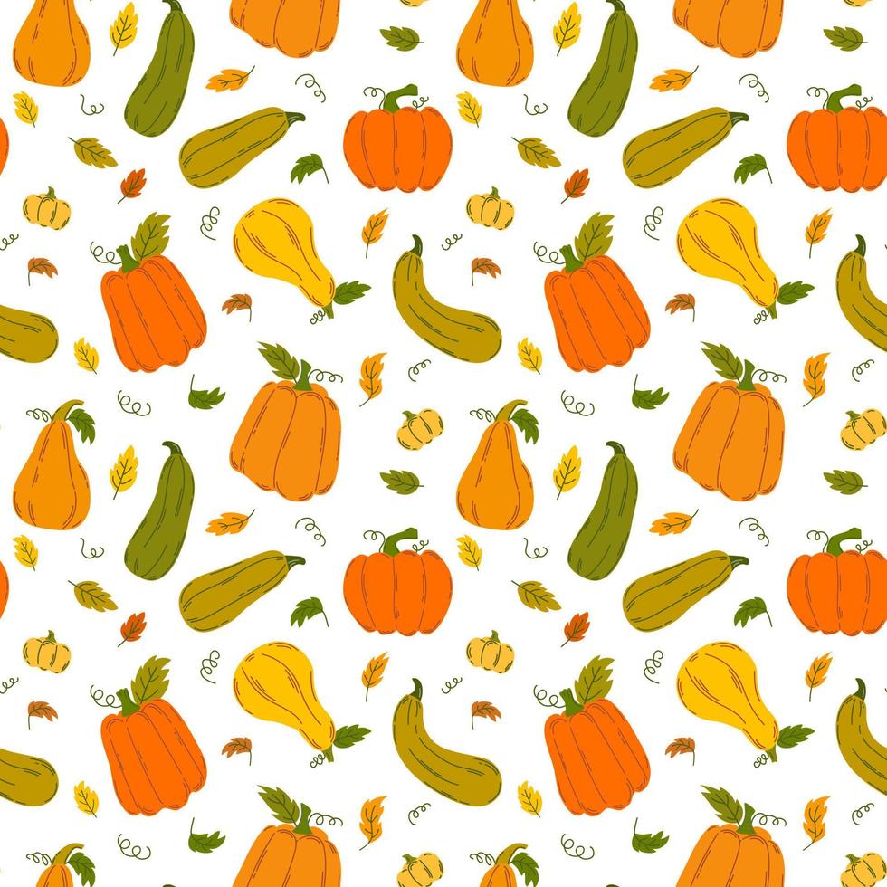 Seamless pattern of colorful pumpkins and leaves in flat style on white background. vector