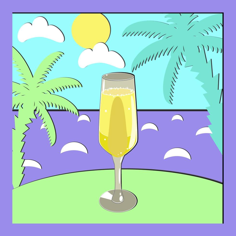 cóctel de mimosa con paisaje marino en técnica de arte de corte de papel vector