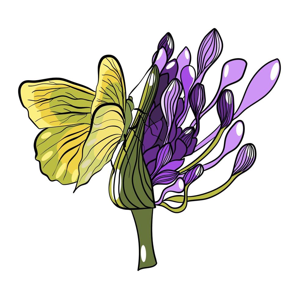 Yellow butterfly sitting on the purple agapanthus flower vector