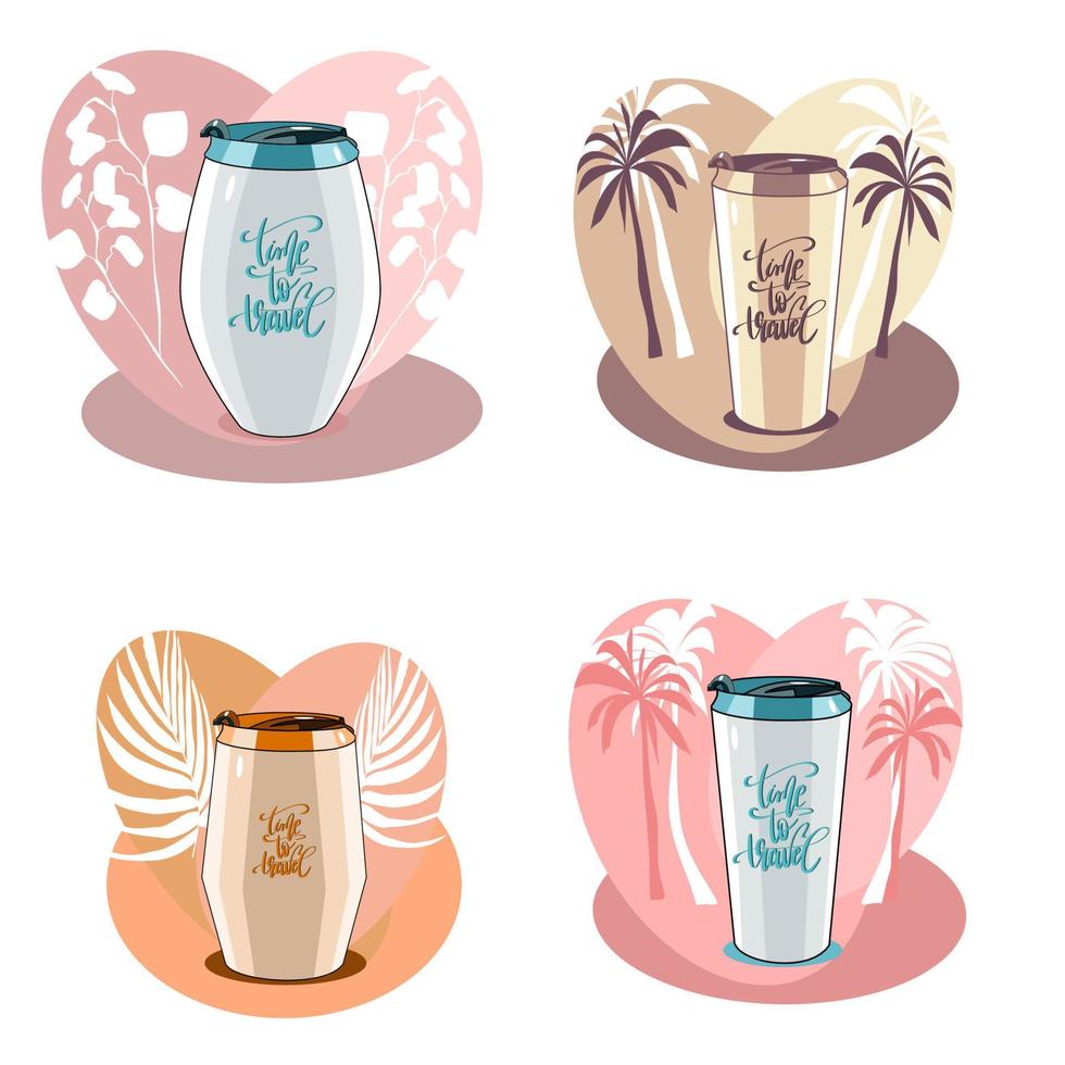 Set of travel mugs with botanical backgrounds in flat technique vector