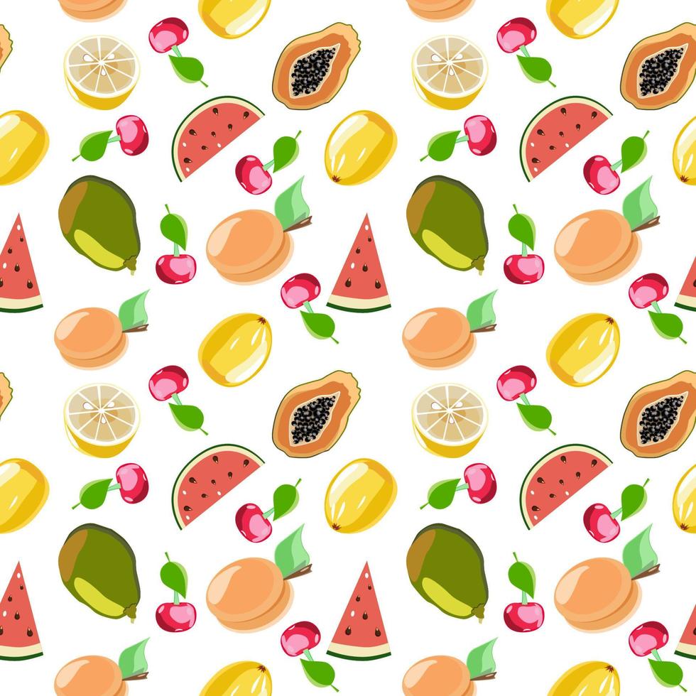 Seamless botanical pattern with watermelons, cherries, lemons,papaya, and apricots vector