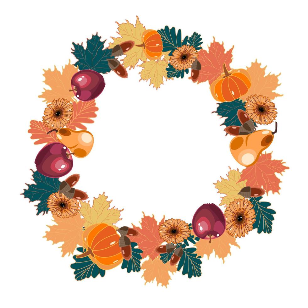 Autumn decorative wreath with oak leaves, acorns, maple, pumpkins, apples, pears, and gerbera flowers vector