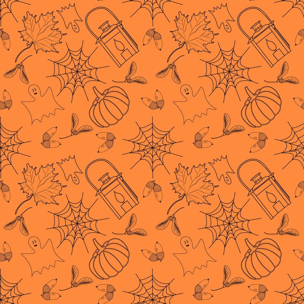 Seamless holiday pattern with Halloween decorations, webs, maple leaves, lanterns, pumpkins, ghosts, and acorns on the orange background vector