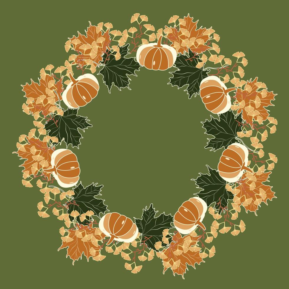 Autumn decorative wreath with ginkgo and maple leaves, and pumpkins on a green background vector