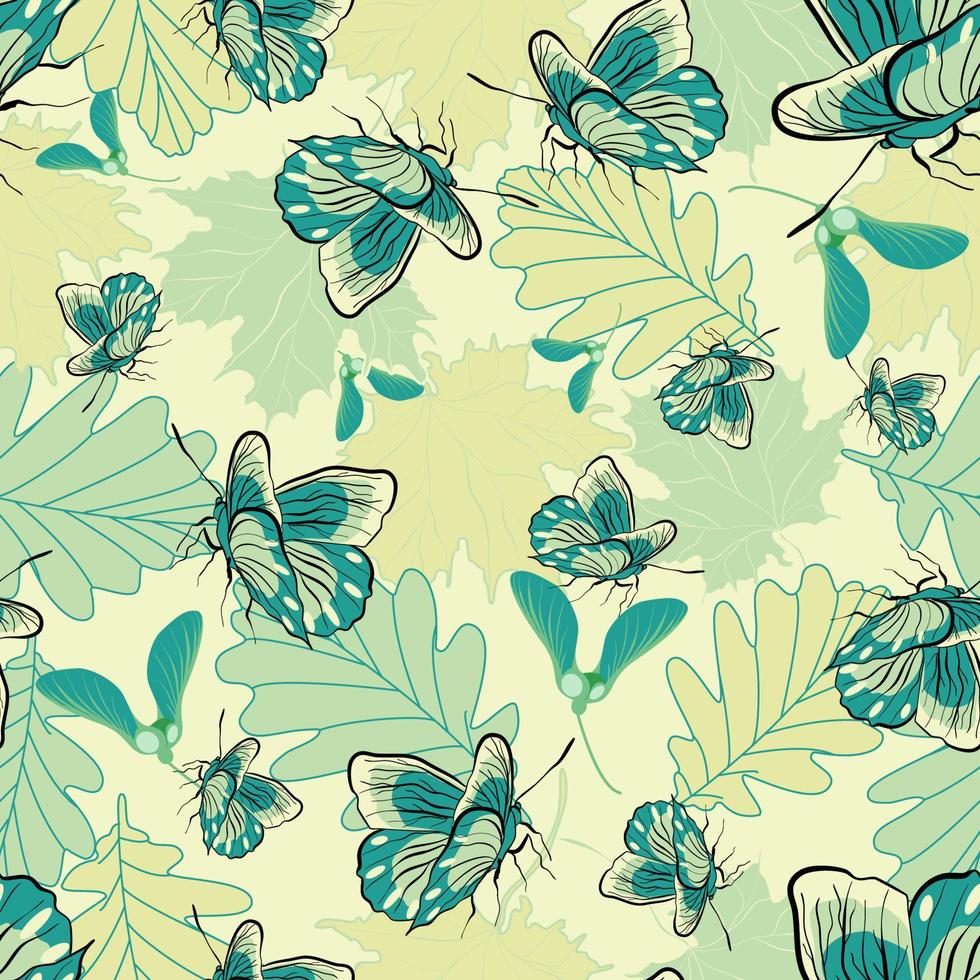 Seamless floral pattern with green butterflies and autumn leaves, oak and maple vector