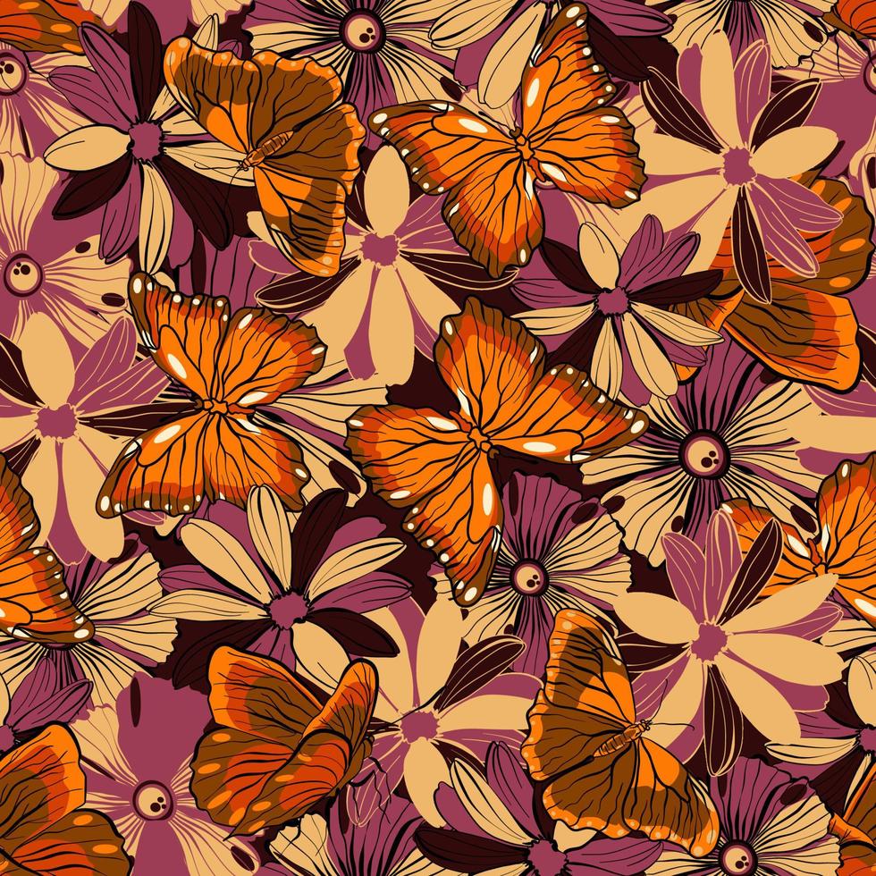 patrón floral transparente con mariposas y flores de margarita de otoño vector