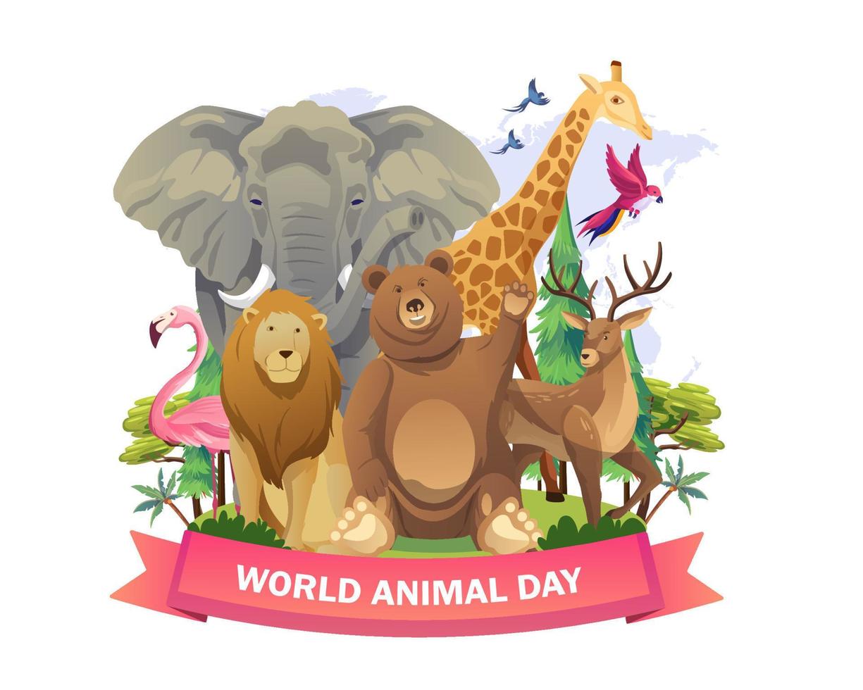 Happy World Animal Day concept design with cute animals bear, lion, giraffe, deer, elephant, and birds. Vector illustration in flat style