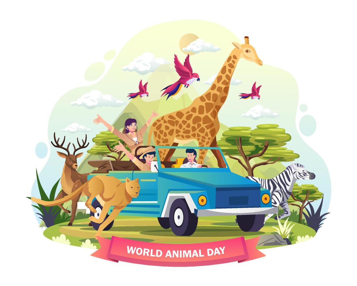 los cuidadores del zoológico de animales están explorando la sabana de la jungla en un vehículo. día mundial de los animales, diseño conceptual del día de la vida silvestre. ilustración vectorial en estilo plano vector