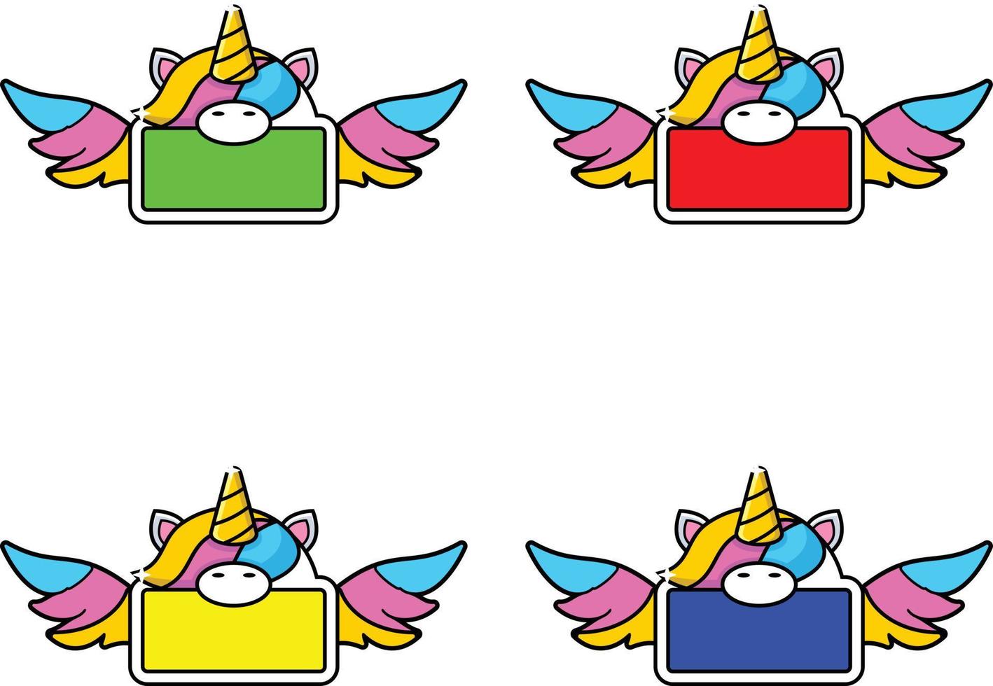 conjunto de lindos paquetes de colores de tablero de unicornio con alas y diseño de ilustración de vector de arco iris