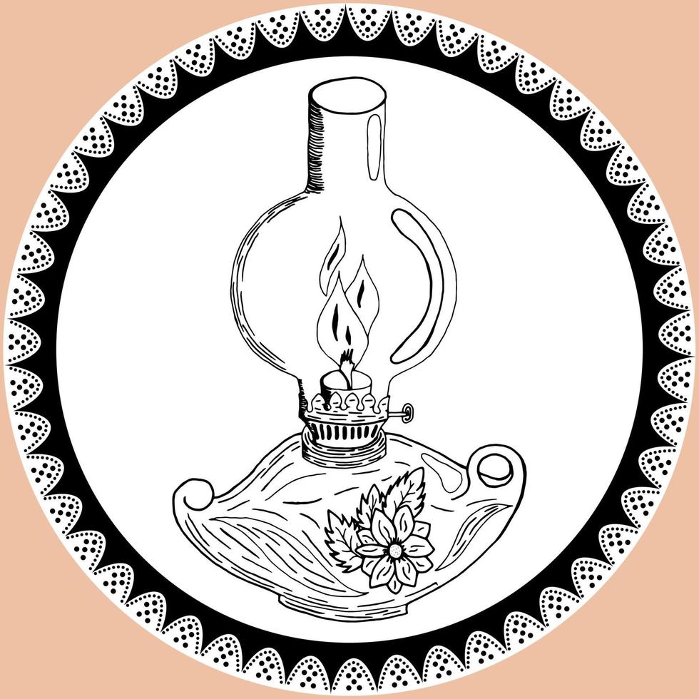 Doodle lantern, kerosene lamp in vintage style with lace. Silhouette of lamp hand drawn by pencil in black and white colors vector