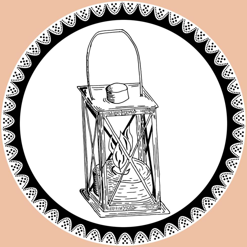 Doodle lantern, kerosene lamp in vintage style with lace. Silhouette of lamp hand drawn by pencil in black and white colors vector