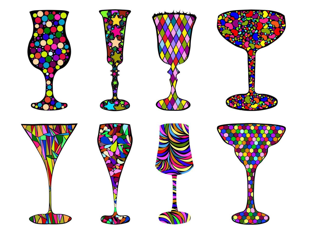 Set of glass silhouettes in mosaic style vector