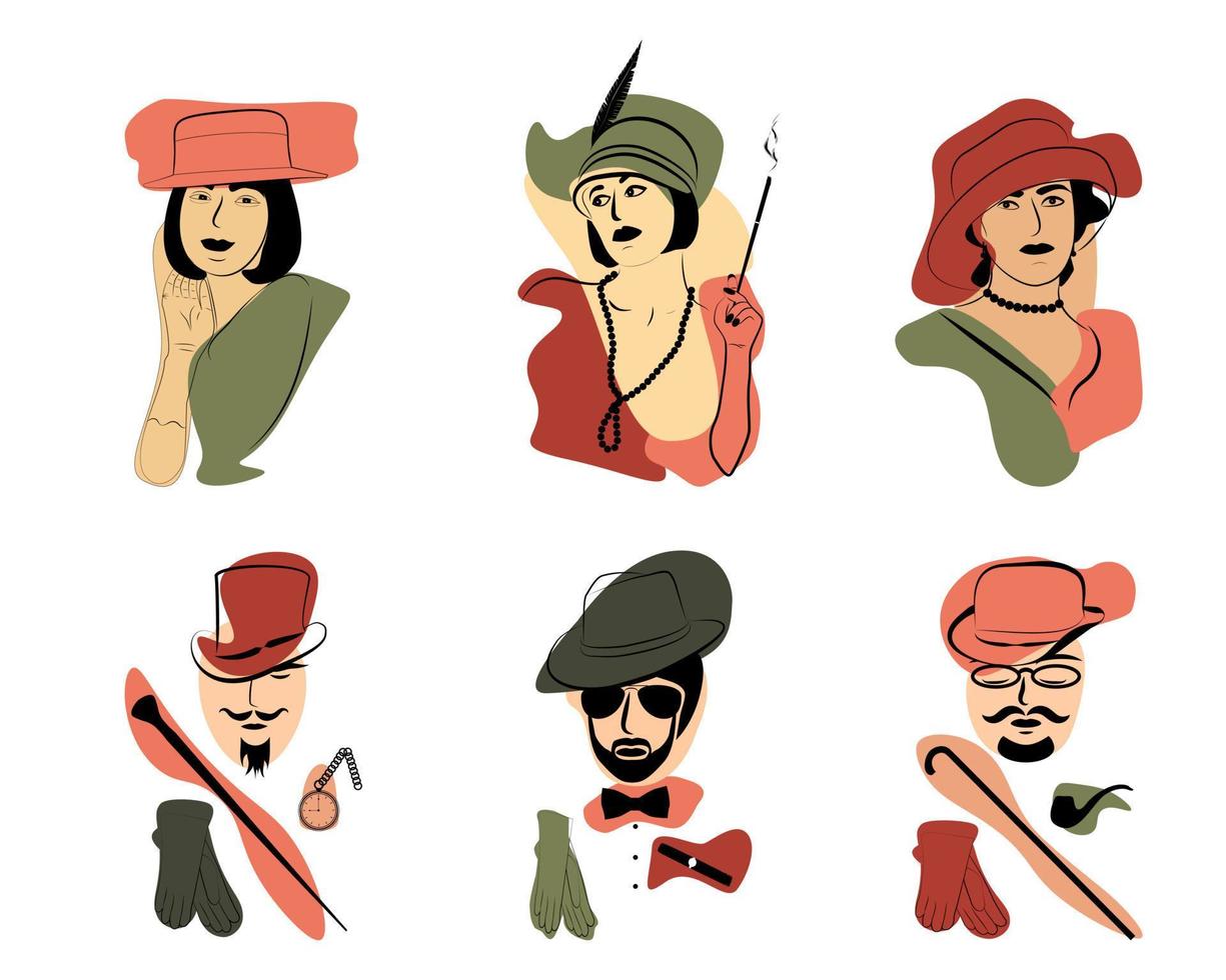 Silhouettes of men and women of a bygone era in color vector