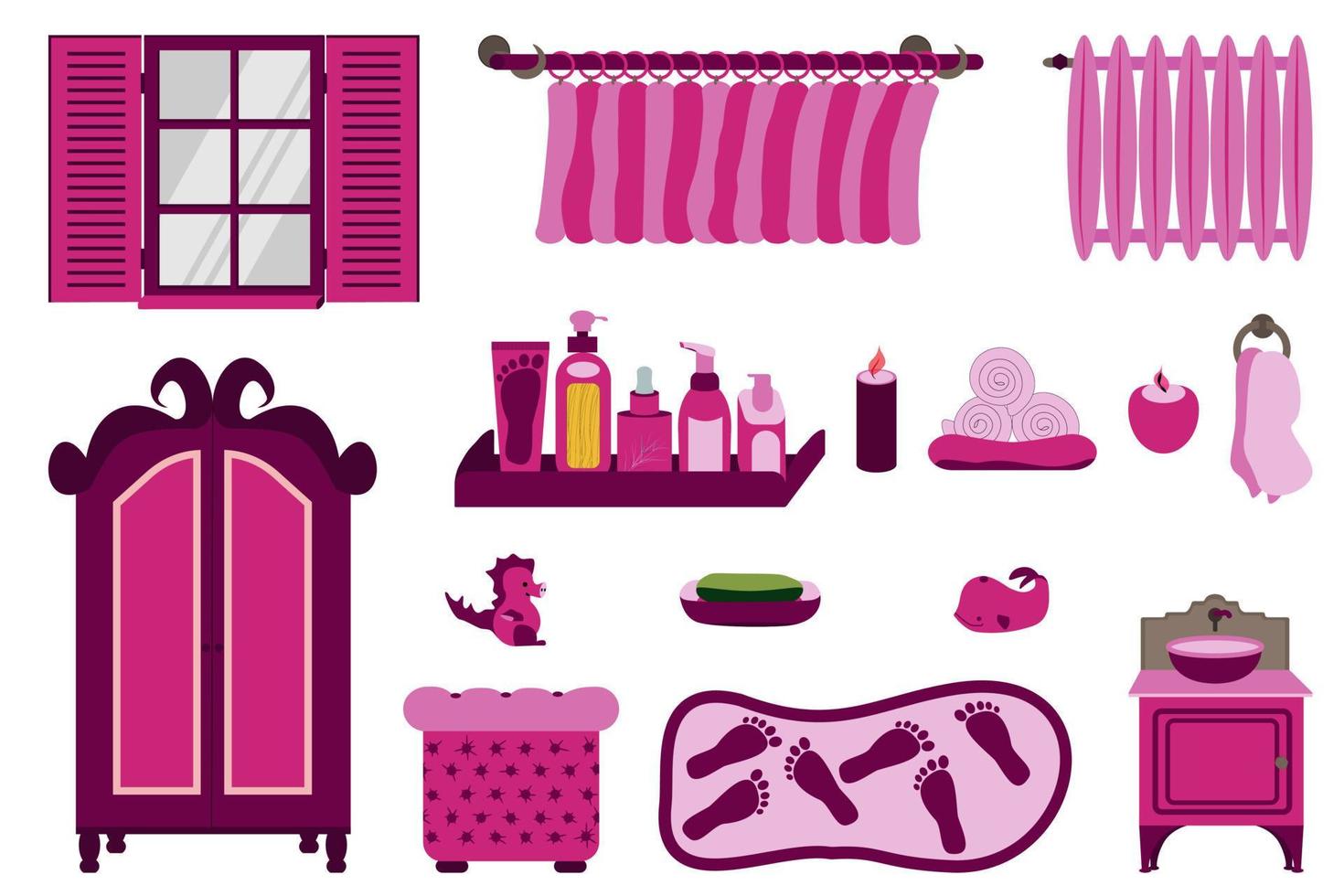 conjunto de elementos en color rosa para la ilustración interior del baño vector