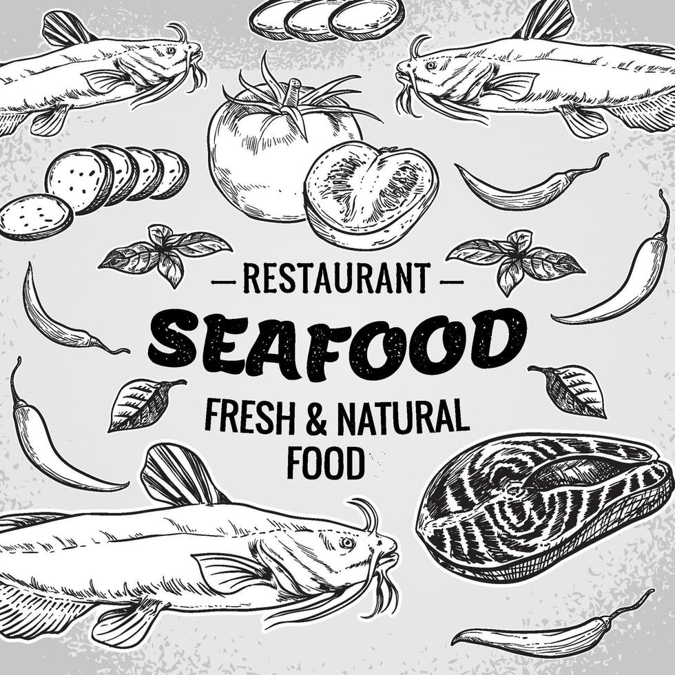 Vector hand drawn seafood restaurant illustration. Vintage style. Retro sketch background. Template