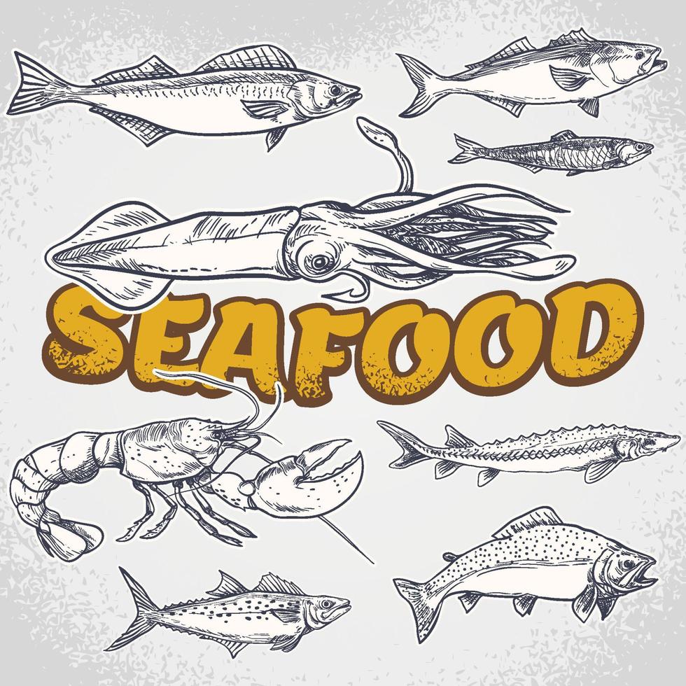 Vector hand drawn seafood restaurant illustration. Vintage style. Retro sketch background. Template