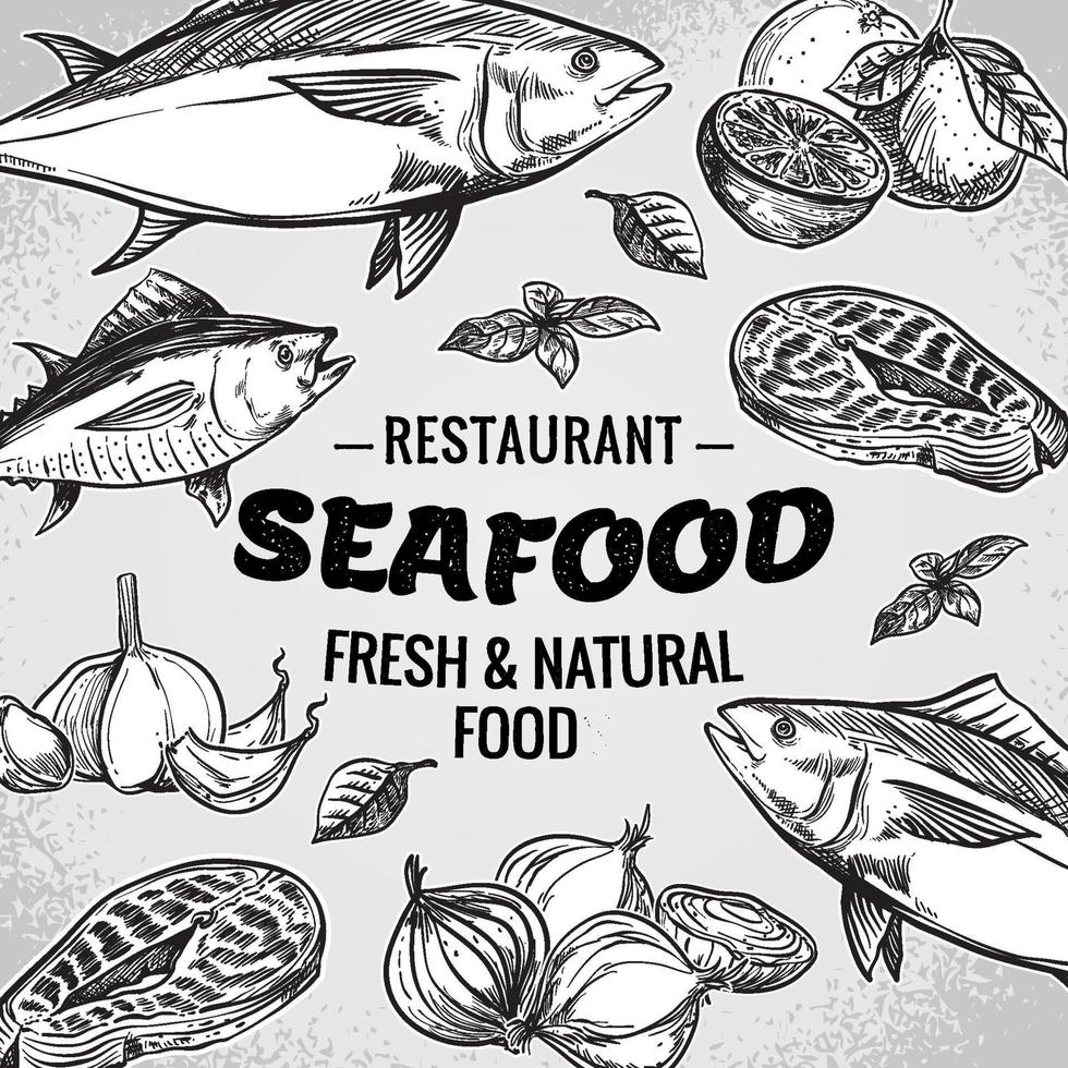 vector dibujado a mano ilustración de restaurante de mariscos. estilo vintage. fondo de dibujo retro. modelo