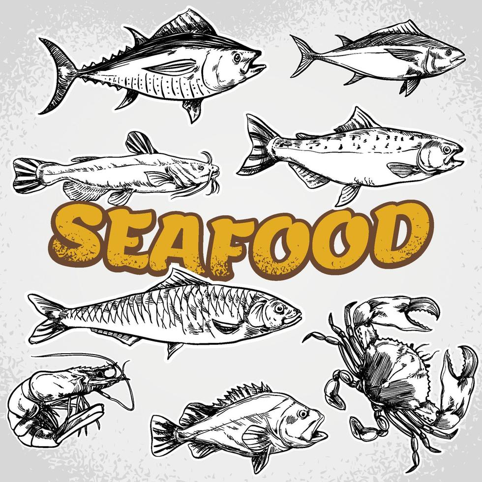 Vector hand drawn seafood restaurant illustration. Vintage style. Retro sketch background. Template