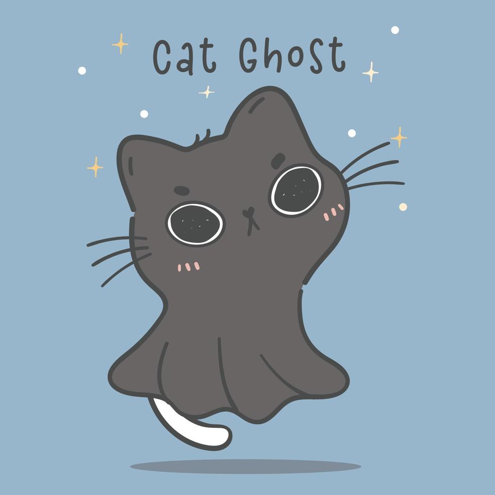 cute Halloween white kitten cat in ghost black cat costume, cat ghost, doodle animal hand drawn vector
