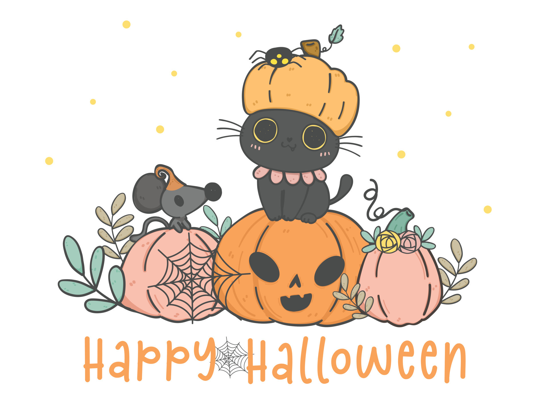 cute Halloween black kitten cat pumpkin costume hat sits on orange pumpkins,  animal cartoon doodle hand drawing, Happy Hallooween 11151615 Vector Art at  Vecteezy