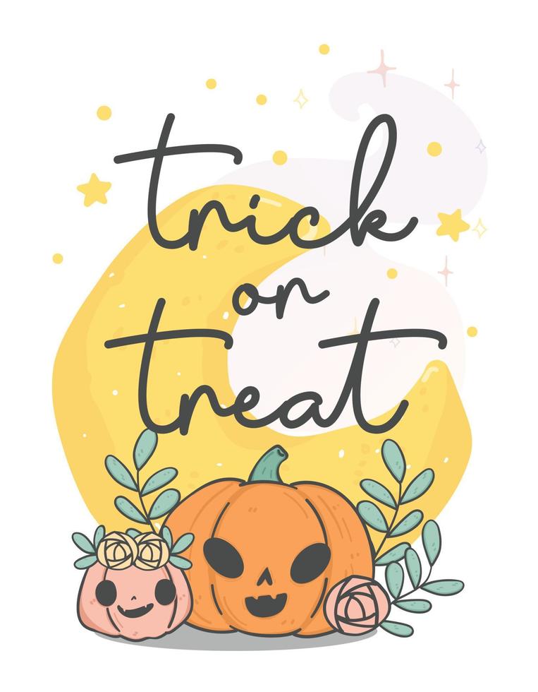 cute orange jack o lantern pumpkin with moon phase in background, Trick or Treat, cartoon doodle hand drawing vector
