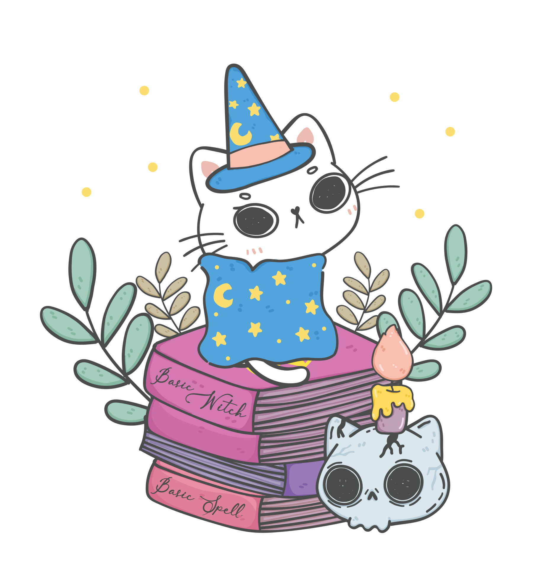 cute Halloween white kitten cat witch girl on stacked witch books