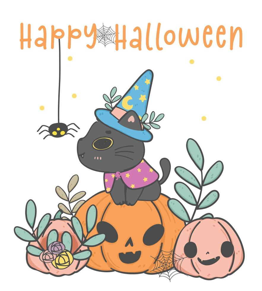 lindo gatito negro de halloween gato bruja en calabaza naranja con araña, dibujo de mano de garabato de dibujos animados de animales, feliz halloween vector