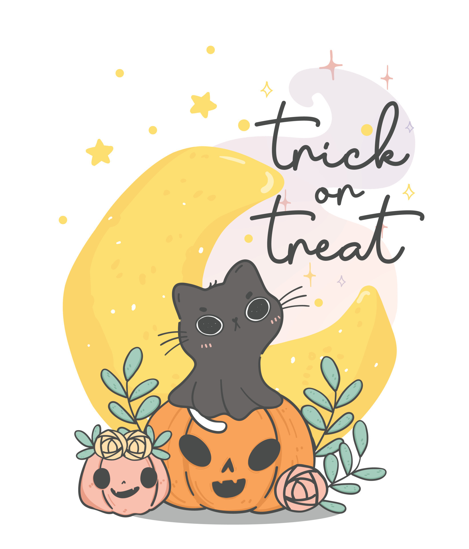 cute white kitten cat in black ghost costume on jack o lantern pumpkin with  moon phase in background, cartoon doodle animal hand drawing 11151626  Vector Art at Vecteezy