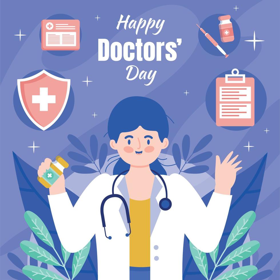 feliz dia del medico con doctora vector