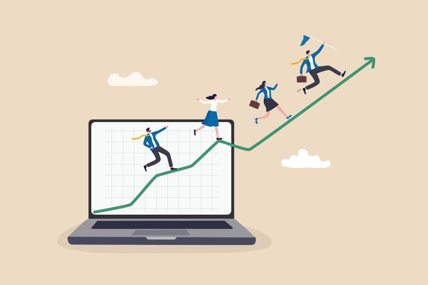 crecimiento empresarial, mejora o crecimiento, éxito financiero o aumento de la inversión, estrategia o plan para el éxito, concepto de ambición, empresarios que se ejecutan desde un gráfico en crecimiento desde una computadora portátil. vector