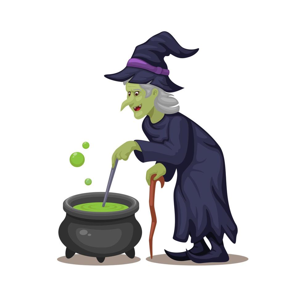 Witch granny making magic potion on cauldron character illustration vector