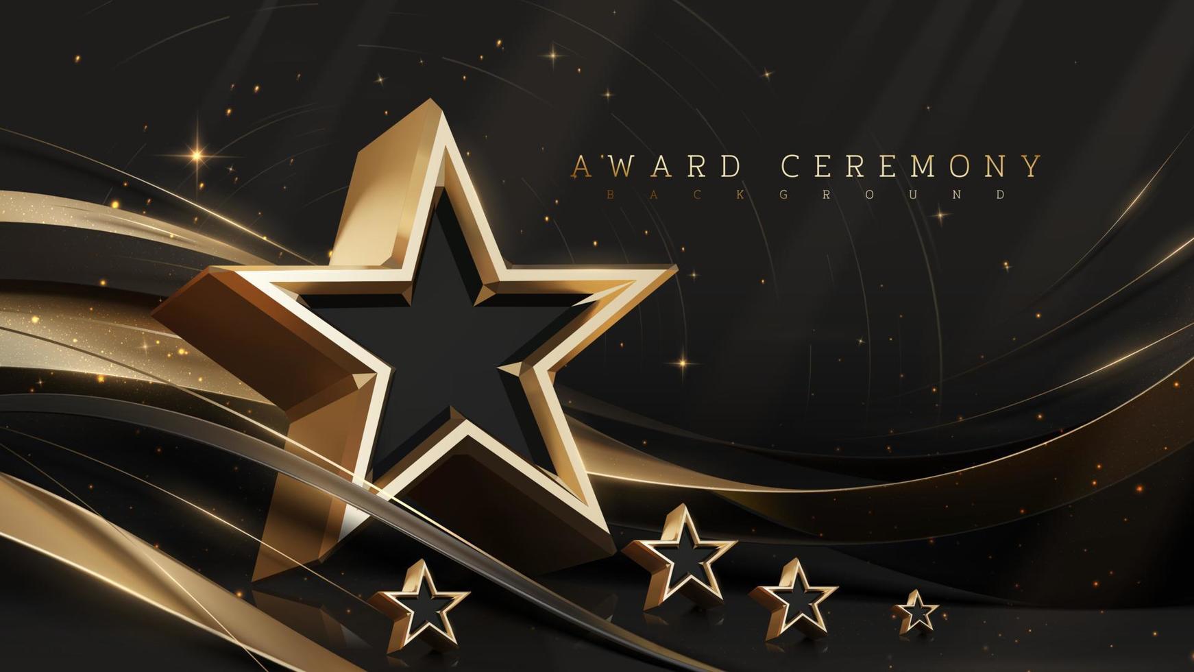 Award ceremony background with 3d gold star and ribbon element and glitter light effect decoration. vector