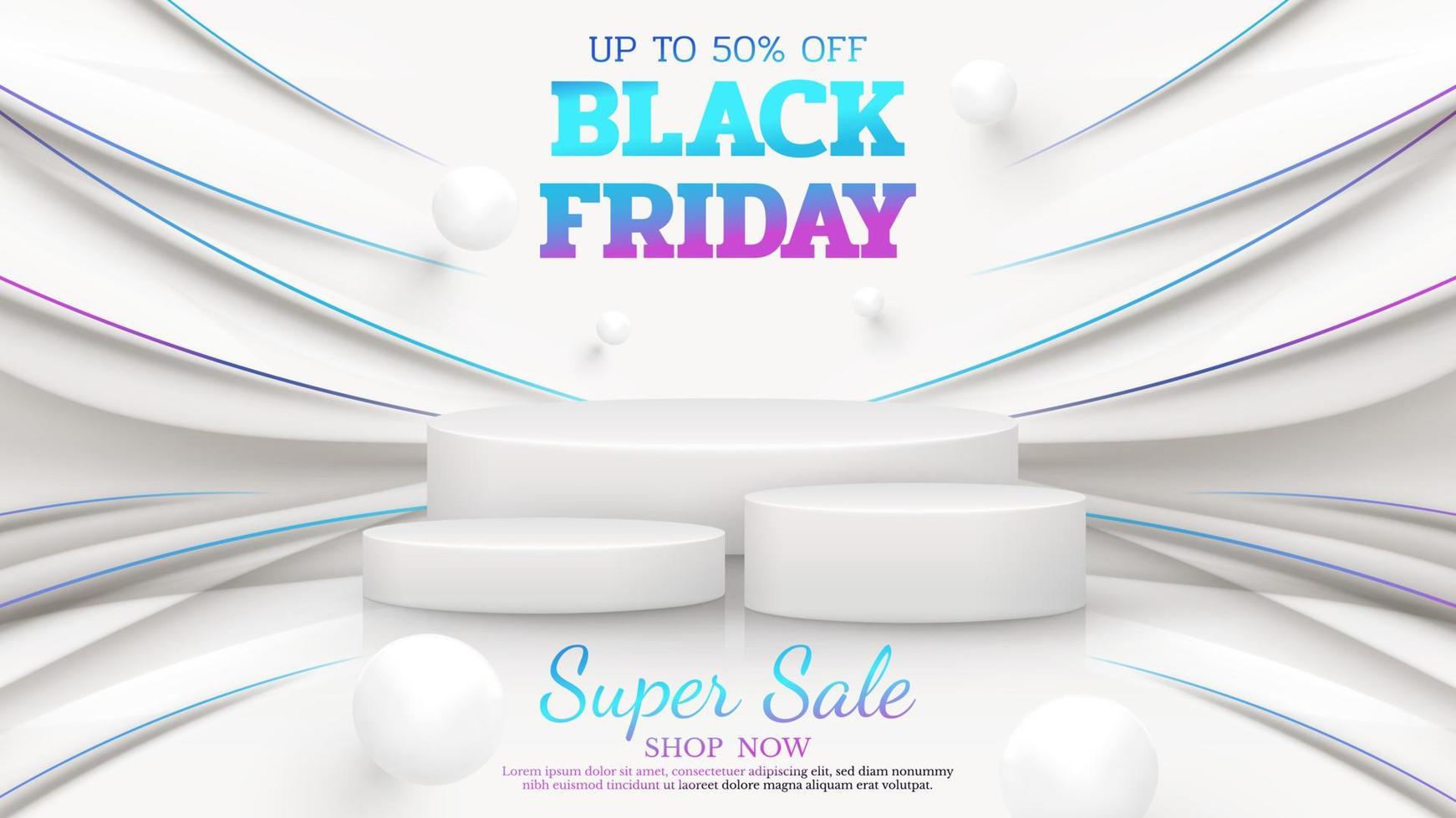 Black friday sale background with product display podium with ball decoration and rainbow curve line. 3d luxury white banner scene. vector