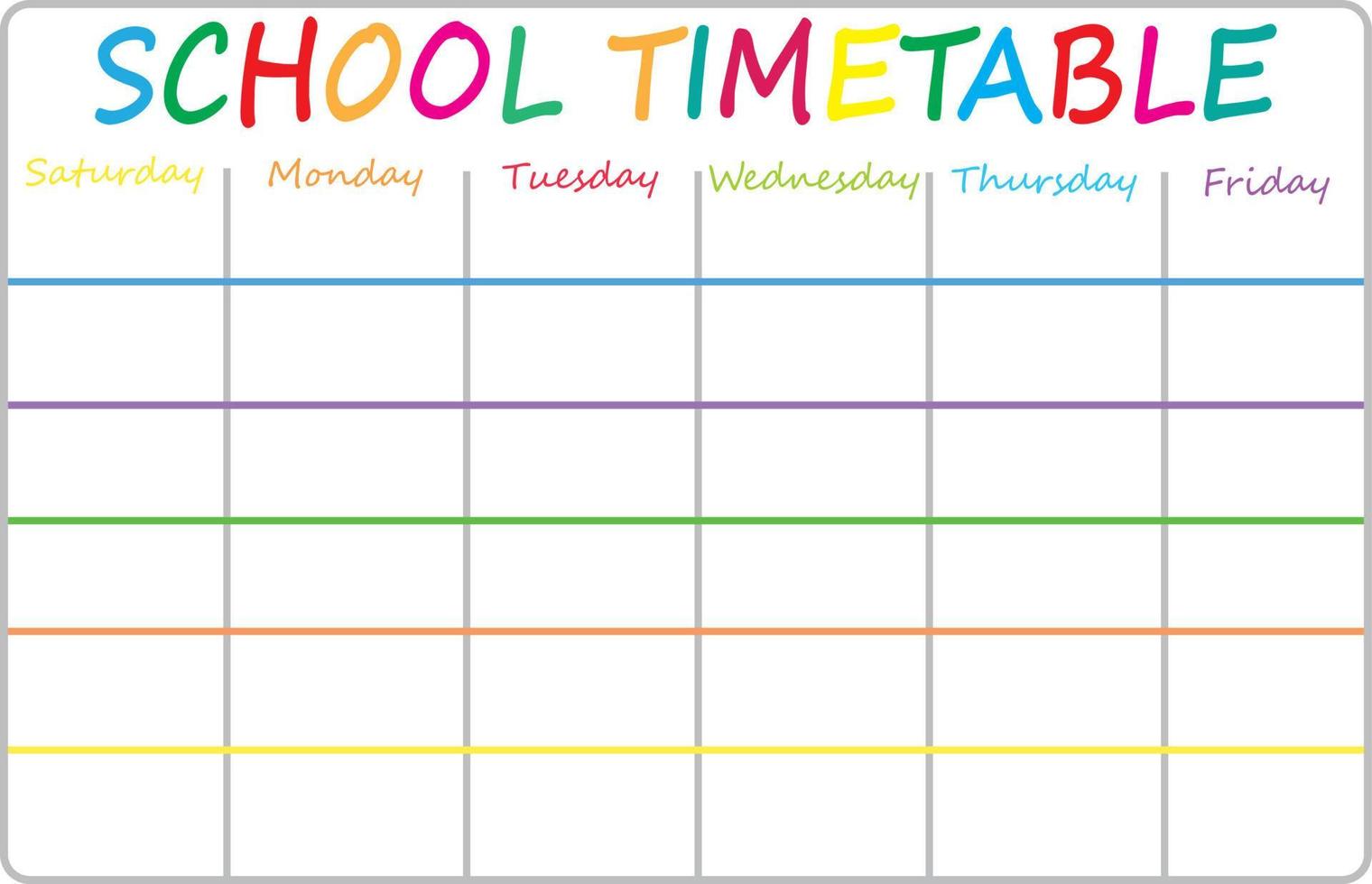 School timetable template.Hand drawn. Classroom timetable. Plan note education. Planner, table class. Child, academic template. Organizer paper weekly. Vector EPS 10 illustration.