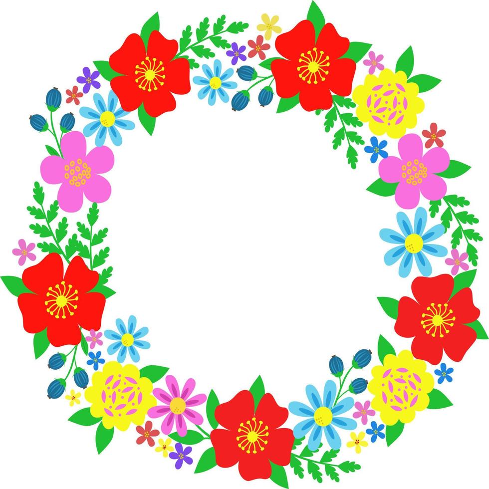 Flower frame with bright flowers and green leaves on a white background. Round frame for wedding photos, invitations, greetings, background for memorable dates. Vector stock illustration.