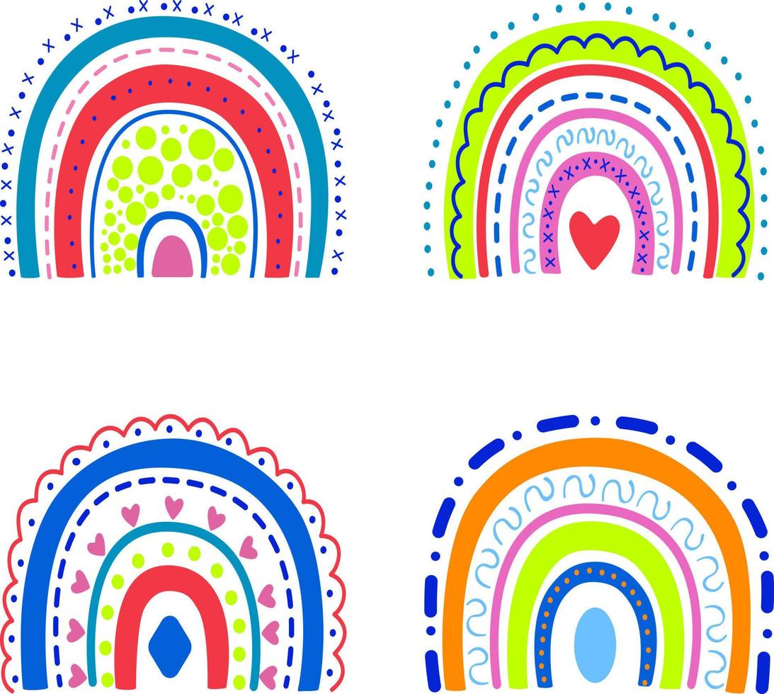 A vector set with rainbows of bright colors with a beautiful ornament highlighted on a white background is ideal for children's posters.