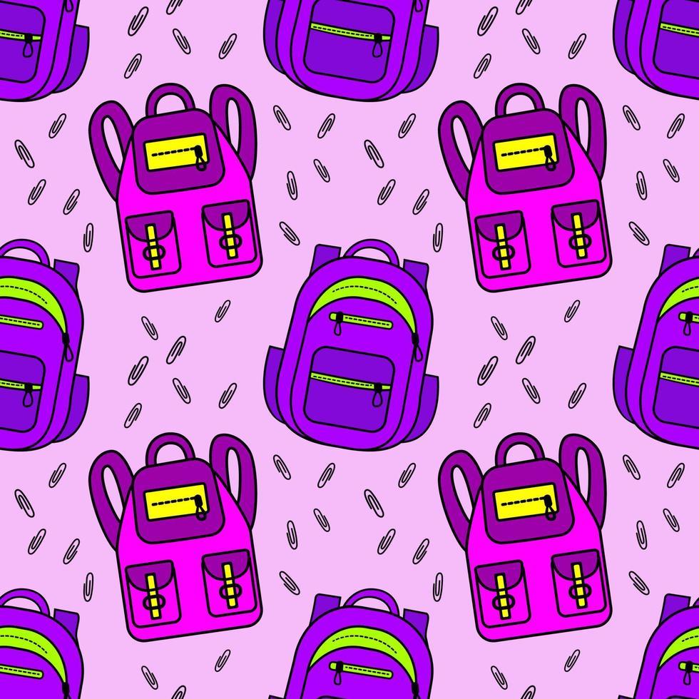 Vector seamless pattern with school backpacks   bright colors. School supplies. Ideal for children's posters, packaging, textiles, web design, postcards.