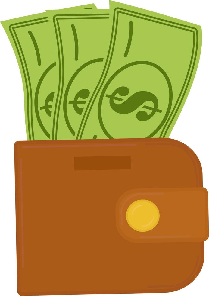 Brown wallet with paper bills. Paper bills are in the wallet. Vector illustration on a white background, money saving ideas, cash income, financial success, enrichment, salary income icon.